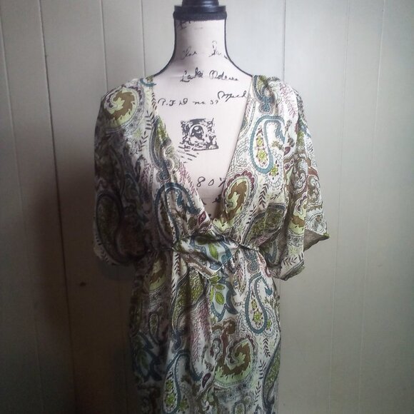 Paper Tee Blouse XL V-Neck Sheer Paisley Green Brown Blue - Picture 13 of 13